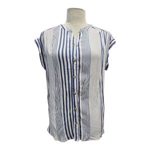 100% Rayon Blue and White Striped Button Down Shirt by Rain size Large